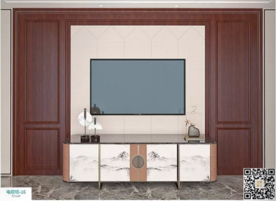 廠價新款鑫順來DQ-16掃碼中式電視墻,掃二維碼看裝修風格